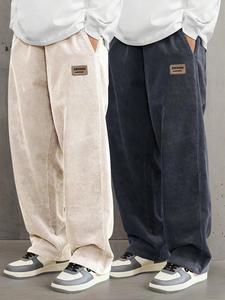 Men's Letter Patched Pocket Drawstring Waist Corduroy Pants, Casual Comfy Straight Leg Trousers for Fall & Winter, Men's Bottoms for Daily Wear