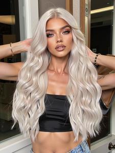 30 Inch Long Platinum Blonde Wigs for Women, Gorgeous Fluffy Wigs without Bangs, Synthetic Lace Front Wigs for Party, Daily Use Christmas Gift