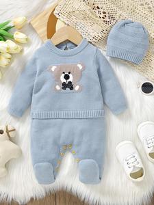 Baby Boy's Cartoon Bear Print Long Sleeve Buttons Jumpsuit & Hat, Cute Casual One-piece Jumpsuit with Hat, Newborn Infant Kids Fall & Winter Clothes, Newborn Baby Stuff Boy