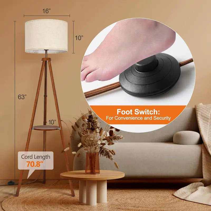 Solid Wooden Tripod Floor Lamp, Bulb Included, Standing Lamp with Remote Control, Dimmable & 4 Color Temperatures, 1H Timer, Floor Lamp with Storage Shelf Linen Shade for Living Room Bedroom 3