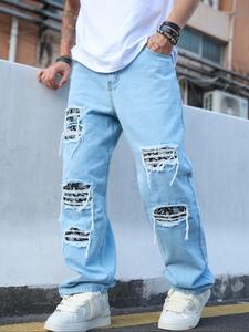 Men's Fashionable Ripped Jeans, Casual Comfy Loose Straight Leg Denim Pants for Daily Wear, Woven Bottoms for All Seasons