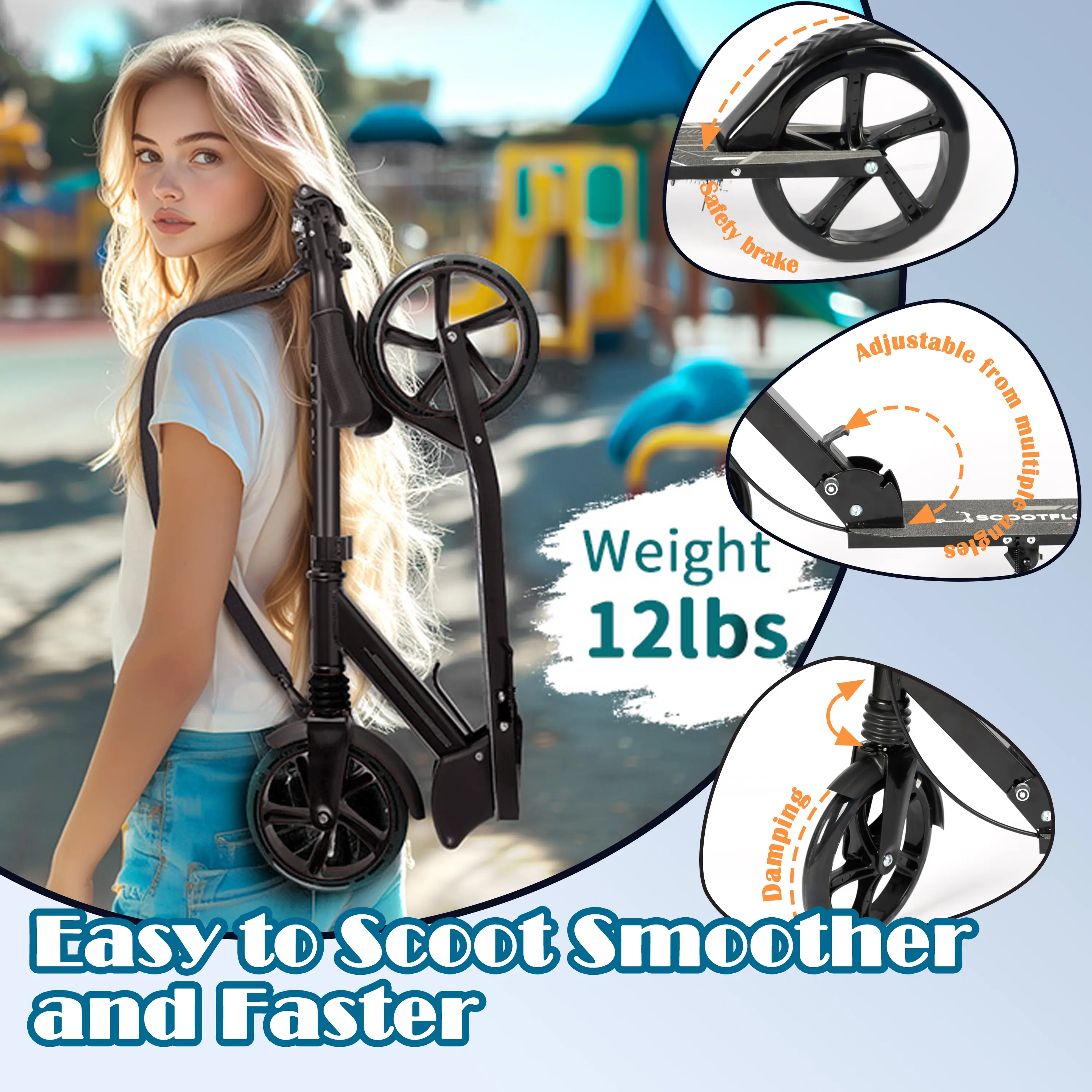 SCOOTFLOWChildren's scooter, foldable for children aged 7-14, adjustable height, with brakes, large wheels, black color