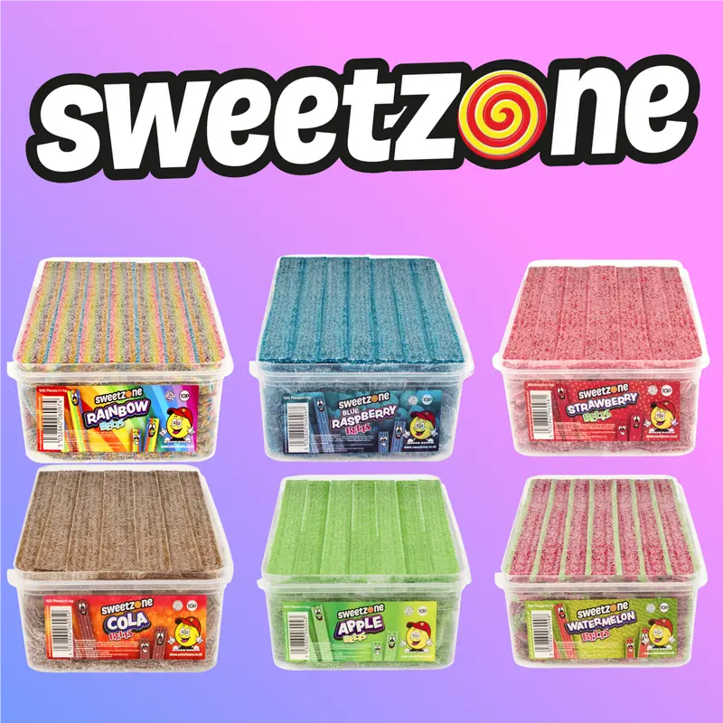 NEW Sweetzone Fizzy Belts – 1.1kg Tub 100 Belts Per Box | Choose from Watermelon, Apple, Rainbow, Strawberry, Raspberry OR Cola 0
