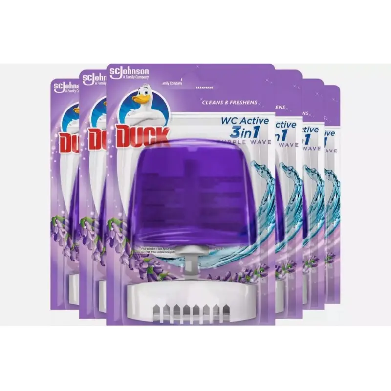 Duck Active 3-in-1 Toilet Liquid Rim Block in Purple Wave scent. It is a toilet bowl cleaner that attaches to the rim of the toilet bowl and releases a cleaning solution with each flush Scented