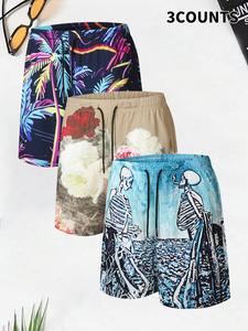 Men's Regular Fit Skull & Floral Print Boxer Brief Swim Shorts, Casual Comfy Breathable Swim Shorts for Summer, Men's Swimwear for Beach Vacation