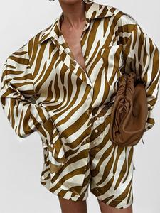 Two-Piece Set Women's Zebra Stripe Print Button Front Shirt & Elastic Waist Shorts, Casual Long Sleeve Pocket Top & Shorts for Daily Wear, Ladies Two-piece for All Seasons, Clothes, Fall outfit