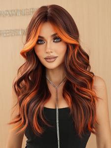 26 Inch Piano & Balayage Color Long Body Wavy Synthetic Soft Hair Wigs for Women, Gorgeous Fluffy Loose Wave Wigs with Curtain Bangs, Natural Looking Synthetic Full Machine Wigs for Party, Synthetic Material Wigs