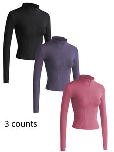 Women's Solid Zip Up Mock Neck Sports Outerwear, Long Sleeve Sports Top, Ladies Sportswear for Indoor Outdoor Wear