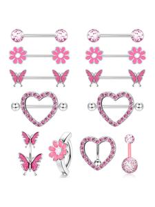Cute Butterfly & Flower & Rhinestone Design Nipple Rings, Heart Decor Belly Ring, Body Piercing Jewelry for Women & Girls