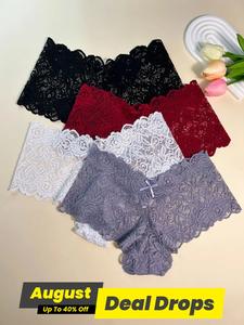 Women's 4pcs Solid Floral Lace Bow Decor Scallop Trim Panties, Casual Soft Comfy Breathable Drop Waist Knicker for Daily Wear, Ladies Underwear for All Seasons
