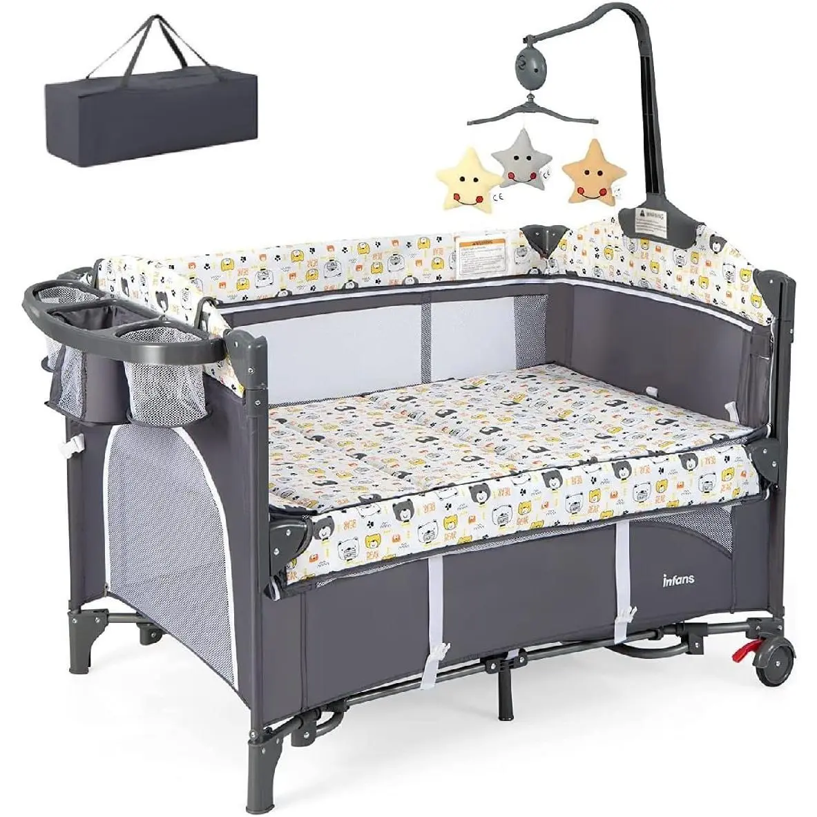 5 in 1 Foldable Baby Bedside Sleeper with Bassinet Diaper Changer Mattress Carry Bag Music Box Hanging Toys, Portable Crib Playard Pack and Play for Newborn Infant (Bear)