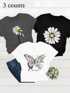 Women's Daisy & Butterfly Print Round Neck Tee, Vintage Trendy Casual Short Sleeve T-shirt for Daily Wear, Ladies All Seasons Clothes