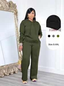 Two-piece Set Women's Solid Drawstring Pocket  Sweatshirt & Elastic Waist Split Hem Sweatpants, Casual Fashion Cozy Breathable Outfits for Daily Workout Running, Ladies Fall & Winter Clothes