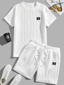 Men's Solid Textured Patched Tee & Drawstring Waist Shorts Set, Regular Fit Casual Round Neck Short Sleeve T-shirt & Pocket Shorts, Men's Summer Clothes, Menswear