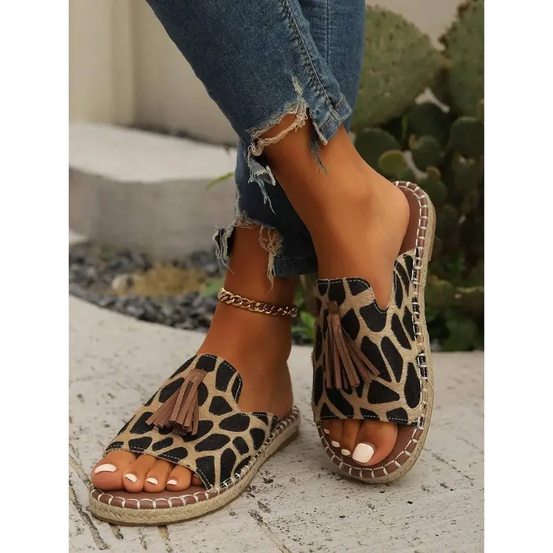 Women Fringe Fabric Summer Sandals Brown Peep-Toe Slippers 4