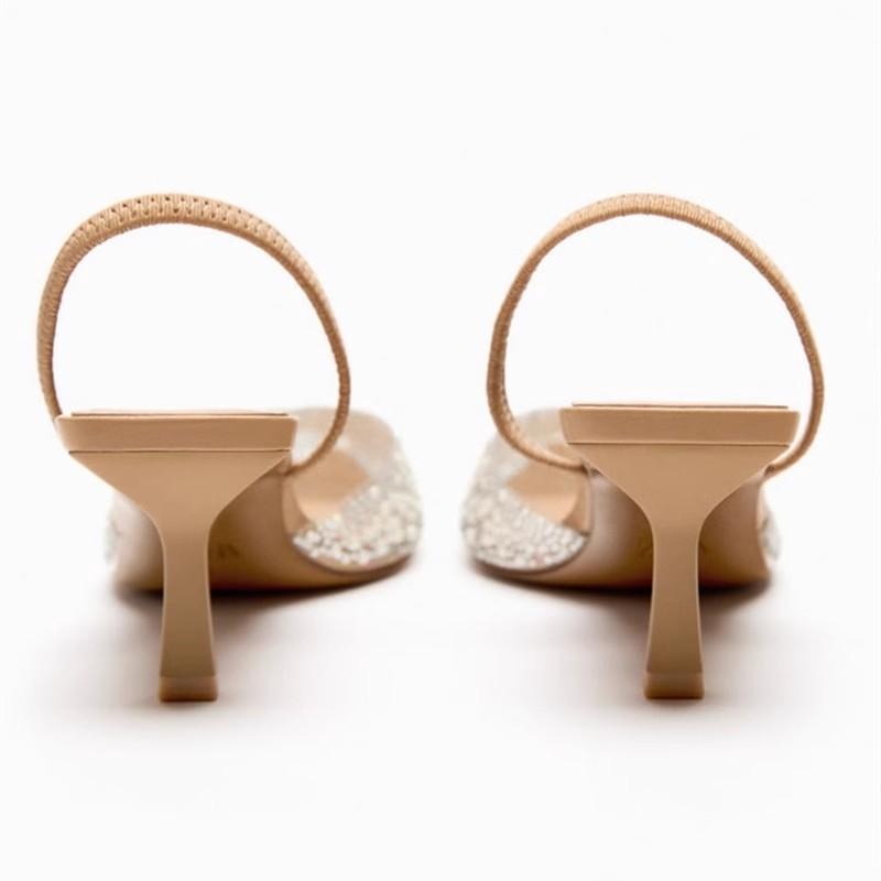 New Summer High Heel Sandals With Pointed Tip Fine Heel Shallow Mouth Rear Hollow Pearl Decoration Strap Back Women's Sandals 4