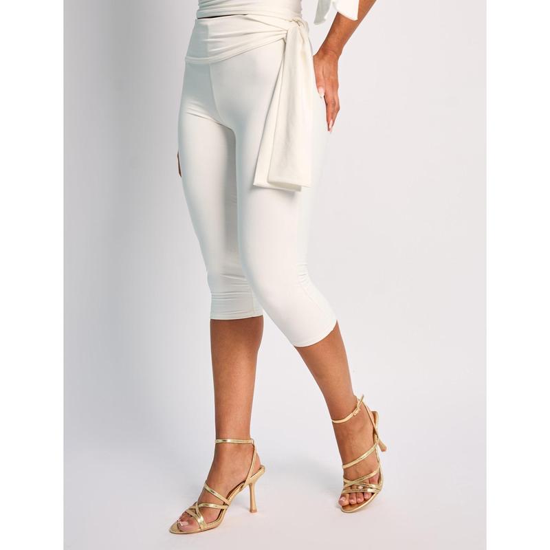Knot Detail Tie Side Luxe Slinky Capri Pants White 1