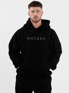 Men's Solid Color Letter Print Drawstring Hoodie, Loose Casual Comfy Long Sleeve Kangaroo Pocket Design Hooded Sweatshirt for Spring & Fall, Fashion Men's Clothes for Daily Wear