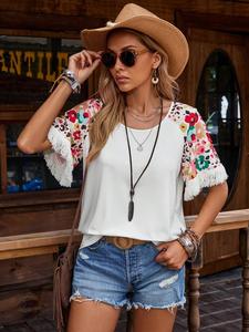 Women's Floral Print Fringe Trim Raglan Sleeve Tee, Fashion Casual Half Sleeve Round Neck T-shirt for Summer, Ladies Clothes for Daily Wear, Going Out Tops, Womenswear, Western Tops, Boho Casual Bohemian Clothes Women, Tshirt