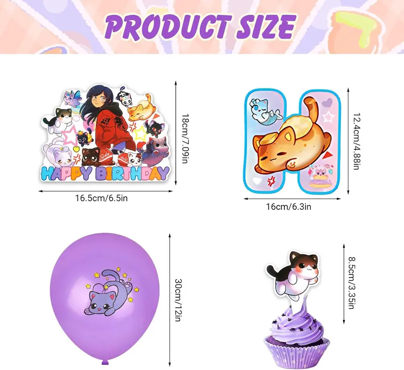 Cat Birthday Party Decoration, Cartoon Theme Party Decoration Supplies Birthday Party Supplies Set Including Cake Topper, Cupcake Topper, Latex Balloons, Happy Birthday Banner for Kids Boys Girls 3