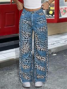Women's Leopard ＆ Denim-effect Print Pants, Casual Comfy Pants for Daily Wear, Ladies Bottoms for All Seasons