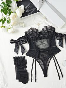 Women's Sheer Cut Out Floral Lace Sexy Lingerie Set, Knot Design Bodysuit & Ruffle Trim Stockings Set, Red Lingerie Set for Women