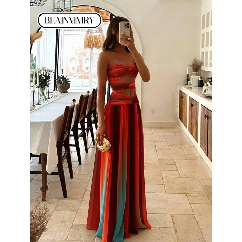 Sexy Summer Holiday Printed Strapless Hollow Out Dress Women Fashion Contrast Color Backless Robes 2025 Beach Party Vestidos Formal Womenswear Comfort Sleeveless Minimalist