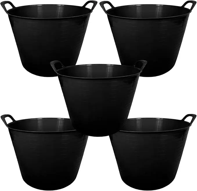 42L 42 Litre Large Eco-Friendly Recycled Flexi Tub - Black - Multi Purpose Robust Flexible Storage Container Bucket, Set of 5.