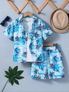 Two-Piece Set Boy's Tropical Print Button Front Shirt & Pocket Shorts Set, Casual Short Sleeve Collared Top & Shorts for Beach Vacation, Kids Clothes for All Seasons