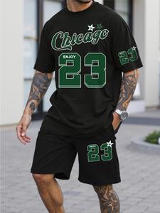【Plus Size】 Men's Number Print Short Sleeve T-shirt & Shorts Set, Regular Fit Casual Round Neck Tee & Shorts, Men's Summer Clothes
