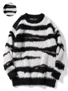Men's Colorblock Zebra Stripe Print Round Neck Plush Sweater, Regular Fit Casual Long Sleeve Crew Neck Jumper for Fall & Winter, Fashion Men's Knitwear for Daily Wear