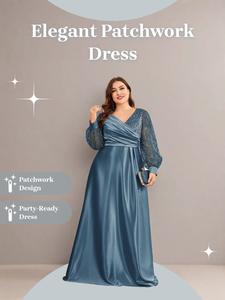 【Plus Size】 Patchwork Lantern Sleeve Evening Dress, Elegant Deep V Neck Long Sleeve Evening Party Gown, Women's Clothes for Spring & Fall, Womenswear