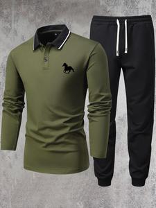 Two-Piece Set Men's Horse Print Polo Shirt & Drawstring Pants Lounge Co-ord Set, Regular Fit Button Collared Long Sleeve Tops & Trousers Lounge Set, Men's Two-Piece Outfits