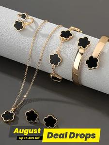 Lucky Flower Design Matching Jewelry Set, Gifts for Her, Fashion Necklace & Ring & Bracelet & Earrings, Casual Elegant Jewelry Set for Women, Trendy All-match & Exquisite Jewellery Gift Set for Gift,  Gifts for Girlfriend, Maximalist Jewelry