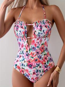 Women's Floral Print Frill Trim Ruched Cut Out One-piece Swimsuit, Boho Fashion Halter Neck Tie Back Sleeveless Swimwear for Beach Holiday Vacation, Ladies Summer Clothes, Floral Print Swimsuits, Ruffle Trim Swimsuit