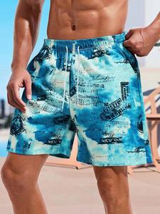 Men's Denim-effect Print Boxer Brief Swim Trunks, Loose Casual Comfy Breathable Swim Shorts for Summer, Men's Swimwear for Beach Vacation