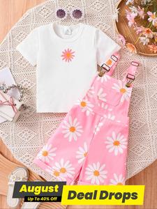Toddler Girl's Floral Print Co-ord Set, Casual Cute Short Sleeve T-shirt & Overalls Outfits Two-piece Set for Summer, Kids Clothes for Daily Wear