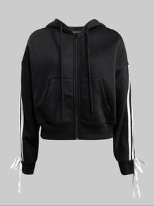 Women's Side Stripe Bow Decor Zip Up Sports Hoodie, Casual Drop Shoulder Drawstring Pocket Hooded Outerwear for Fall & Winter, Ladies Sportswear for Indoor Outdoor Wear