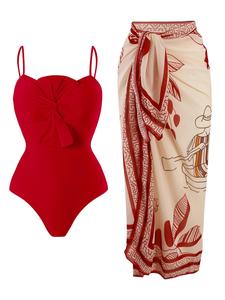 Women's Solid Twist One-piece Swimwear & Leaf Print Tie Front Cover Up Skirt Set, Boho Fashion Adjustable Strap Swimwear Set for Beach Holiday Vacation, Ladies Swimsuit for All Seasons, Swimwear Coverups, Beach Outdoor Wear