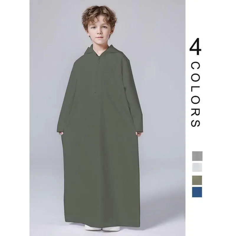 Boy's Solid Pocket Zipper Robe , Modest Hooded Long Sleeve Robe for Daily Wear, Kids Clothing for All Seasons 2
