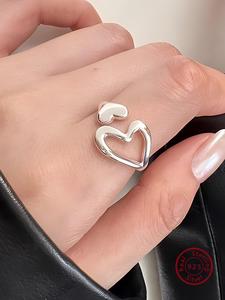 925 Sterling Silver Hollow Out Heart Design Cuff Ring, Heart Shaped Ring, Fashion Open Adjustable Ring Jewelry for Party, Daily Clothing Decor, Trendy All-match & Exquisite Jewelry for Birthday Gift