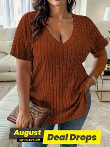 【 Plus Size】 Plain V Neck Tee, Casual Fit Chic Basic Cute Fits Minimalist Fitted Short Sleeve T-shirt for Summer, Women's Plus Clothing for Daily Wear, Going Out Tops, Elegant Classy Tops, Womenswear, Summer Clothes Women, Breathable V Neck