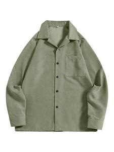 Men's Solid Button Front Pocket Suede Shirt, Loose Casual Drop Shoulder Long Sleeve Top for Spring & Fall, Fashion Men's Clothes for Daily Wear