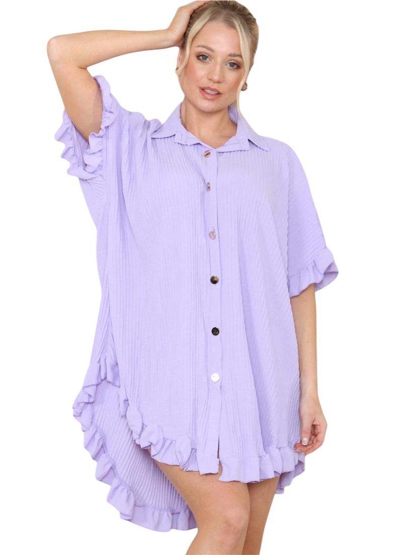 Product Introduction of Women's Lightweight Pleated Frill Hem Shirt Dress - Casual Loose Fit Collared Tunic with Gold Buttons - Comfort, Breathable 19