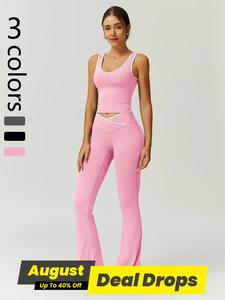 Two-piece Set Women's Contrast Binding Crop Top & Flare Leg Pants Sportswear, Sporty Casual Breathable Clothing for Yoga Gym Workout Running, Stretchable Athletic Style Activewear, Yoga Clothes Set, Workout Sets Women, Yoga Outfits