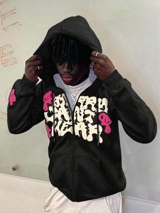 Men's Regular Fit Graphic Print Drop Shoulder Zipper Up Hoodie, Fashion Casual Drawstring Pocket Plush Lined Hooded Sweatshirt for Daily Holiday Outdoor Wear, Men Clothes for Fall & Winter