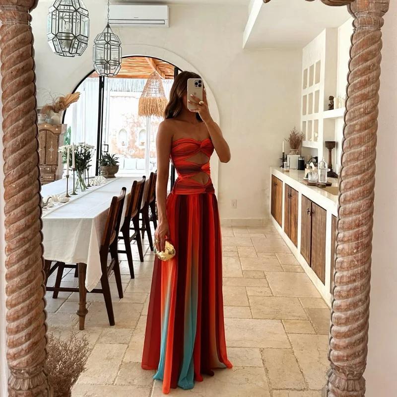 Product Introduction of Sexy Summer Holiday Printed Strapless Hollow Out Dress Women Fashion Contrast Color Backless Robes 2025 Beach Party Vestidos Formal Womenswear Comfort Sleeveless Minimalist 15