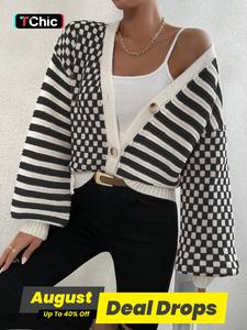 Women's Striped & Plaid Print Button Front Cardigan, Casual Drop Shoulder V Neck Knitwear for Spring & Fall, Fashion Women's Knit Clothing for Daily Wear, Womenswear