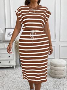 [Plus Size] Striped Print Dress, Casual Comfy Stretchy Round Neck Short Sleeve Dress for Spring & Fall, Women's Clothes for Daily Wear