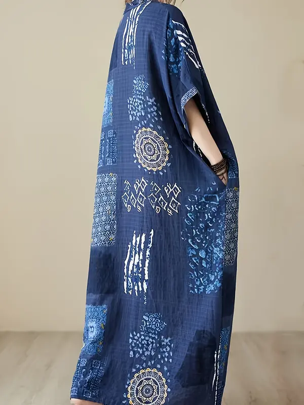Elegant Plus Size V-Neck Kaftan Dress Gown - 100% Viscose Non-Stretch Fabric, Short Sleeve, Casual Pockets, All-Season, Woven Dressing Gown for Women 5